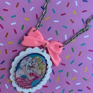 Barbie necklace retro pink bow kawaii cute cameo rave statement costume